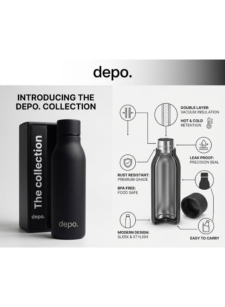Depo Premium Double-Wall 500 ml Stainless Steel Insulated Water Bottle, Matte Black – Hot & Cold Retention, Leak-Proof & BPA-Free Modern Design Flask - Image 4
