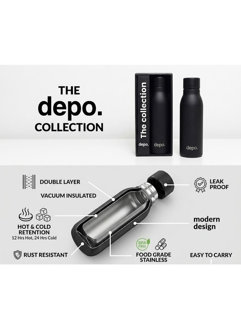 Depo Premium Double-Wall 500 ml Stainless Steel Insulated Water Bottle, Matte Black – Hot & Cold Retention, Leak-Proof & BPA-Free Modern Design Flask - Image 5