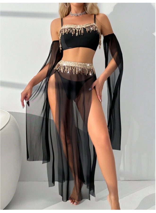3 Piece Sparkly Tassel Chiffon Swimwear Set, Off Shoulder Sheer Sleeve Cover Up Bikini, Elegant Beach Party Outfit for Women - Image 1