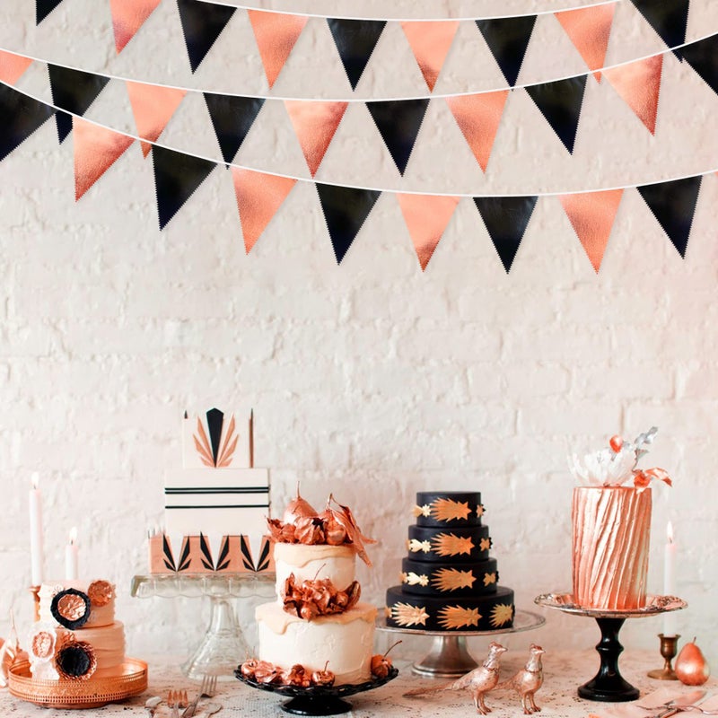 pinkblume Black Rose Gold Party Decorations Triangle Pennant Banner Flag Rose Gold Black Metallic Fabric Bunting Garland for Graduation Birthday Wedding Engagement Bachelorette Celebration Hen Party Supplies - Image 4