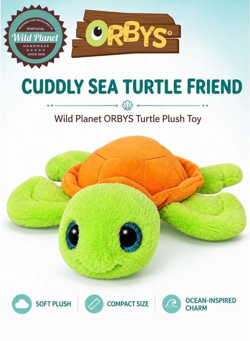 Wild Planet ORBYS Turtle Plush Toy, Soft Green Sea Turtle Stuffed Animal with Lime-Green Head and Four Rounded Flippers, Bright Orange Stitched Shell, Glossy Blue-Rimmed Eyes, Compact 19 × 19 × 6 cm Ocean-Themed Cuddly Toy for Imaginative Play, Sea-Life Curiosity and Gifting, Suitable from 0+ Months - Image 1