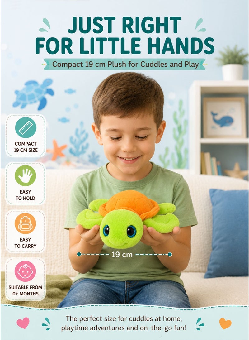 Wild Planet ORBYS Turtle Plush Toy, Soft Green Sea Turtle Stuffed Animal with Lime-Green Head and Four Rounded Flippers, Bright Orange Stitched Shell, Glossy Blue-Rimmed Eyes, Compact 19 × 19 × 6 cm Ocean-Themed Cuddly Toy for Imaginative Play, Sea-Life Curiosity and Gifting, Suitable from 0+ Months - Image 2