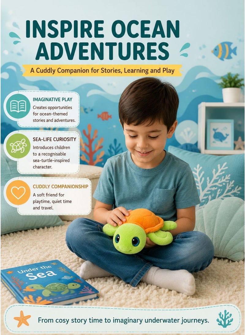 Wild Planet ORBYS Turtle Plush Toy, Soft Green Sea Turtle Stuffed Animal with Lime-Green Head and Four Rounded Flippers, Bright Orange Stitched Shell, Glossy Blue-Rimmed Eyes, Compact 19 × 19 × 6 cm Ocean-Themed Cuddly Toy for Imaginative Play, Sea-Life Curiosity and Gifting, Suitable from 0+ Months - Image 3