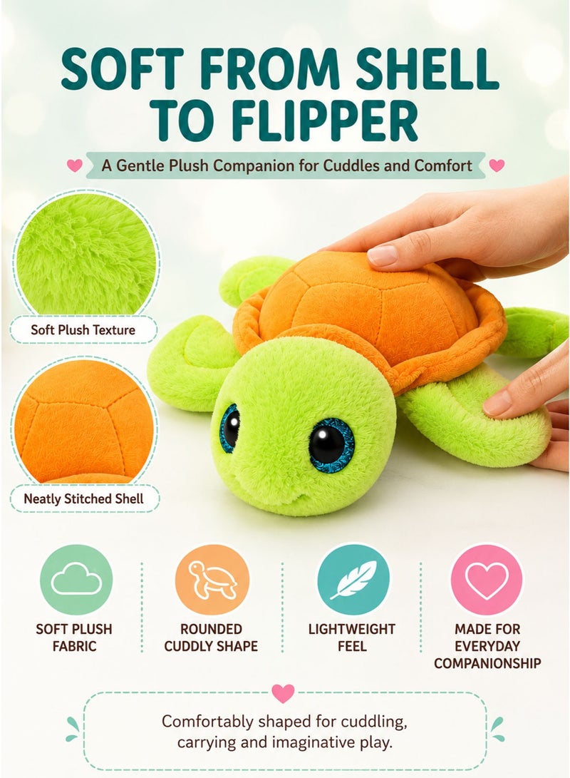 Wild Planet ORBYS Turtle Plush Toy, Soft Green Sea Turtle Stuffed Animal with Lime-Green Head and Four Rounded Flippers, Bright Orange Stitched Shell, Glossy Blue-Rimmed Eyes, Compact 19 × 19 × 6 cm Ocean-Themed Cuddly Toy for Imaginative Play, Sea-Life Curiosity and Gifting, Suitable from 0+ Months - Image 4