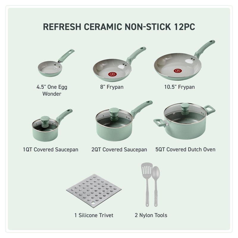 T-Fal Refresh Ceramic Nonstick Cookware Set, Oven Safe Up to 350ÂºF, 12-Piece, Includes Stockpot, Griddle, Frying Pans, Utensils, Ceramic Pots and Pans Set, Mint Green - Image 2