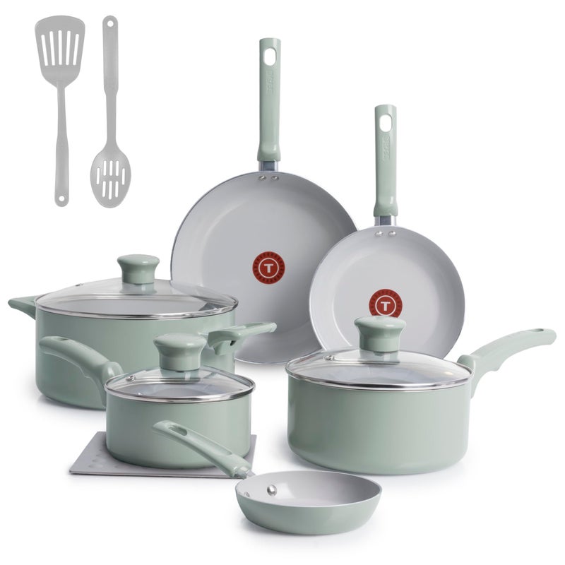 T-Fal Refresh Ceramic Nonstick Cookware Set, Oven Safe Up to 350ÂºF, 12-Piece, Includes Stockpot, Griddle, Frying Pans, Utensils, Ceramic Pots and Pans Set, Mint Green - Image 1