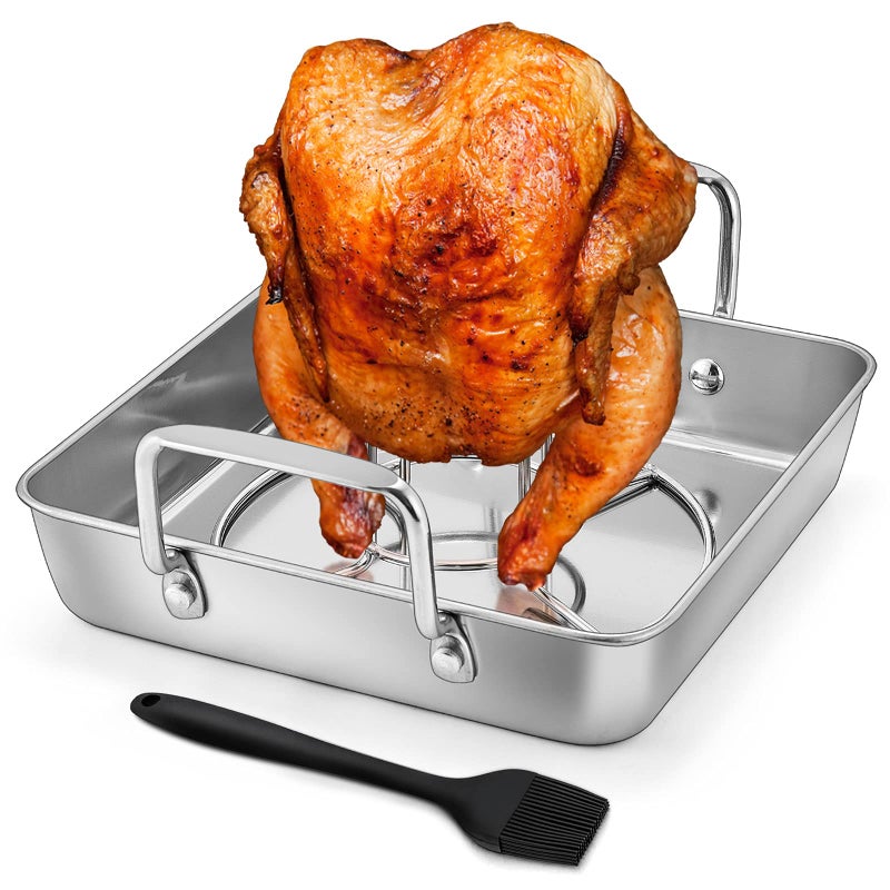 HaSteeL Beer Can Chicken Holder 3Pcs, Includes Stainless Steel Vertical Chicken Roaster Stand Rack, Heavy Duty Roasting Drip Pan & Silicone Oil Brush, Great for Smoker Grill Oven BBQ, Dishwasher Safe - Image 1