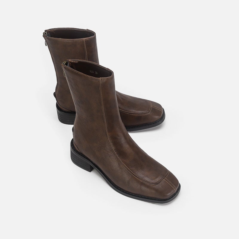 ! Huizhou Martin Boots Women'S Mid-Heel Chunky Heel Square Toe Back Zipper Short Boots Retro Mid-Calf Boots Thin Boots - Image 1
