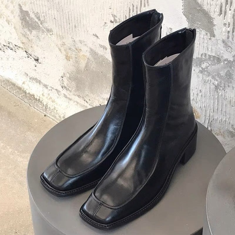 ! Huizhou Martin Boots Women'S Mid-Heel Chunky Heel Square Toe Back Zipper Short Boots Retro Mid-Calf Boots Thin Boots - Image 2