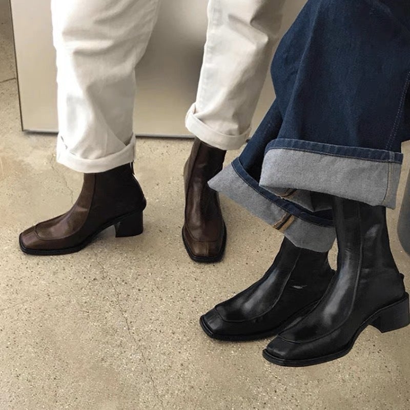 ! Huizhou Martin Boots Women'S Mid-Heel Chunky Heel Square Toe Back Zipper Short Boots Retro Mid-Calf Boots Thin Boots - Image 3