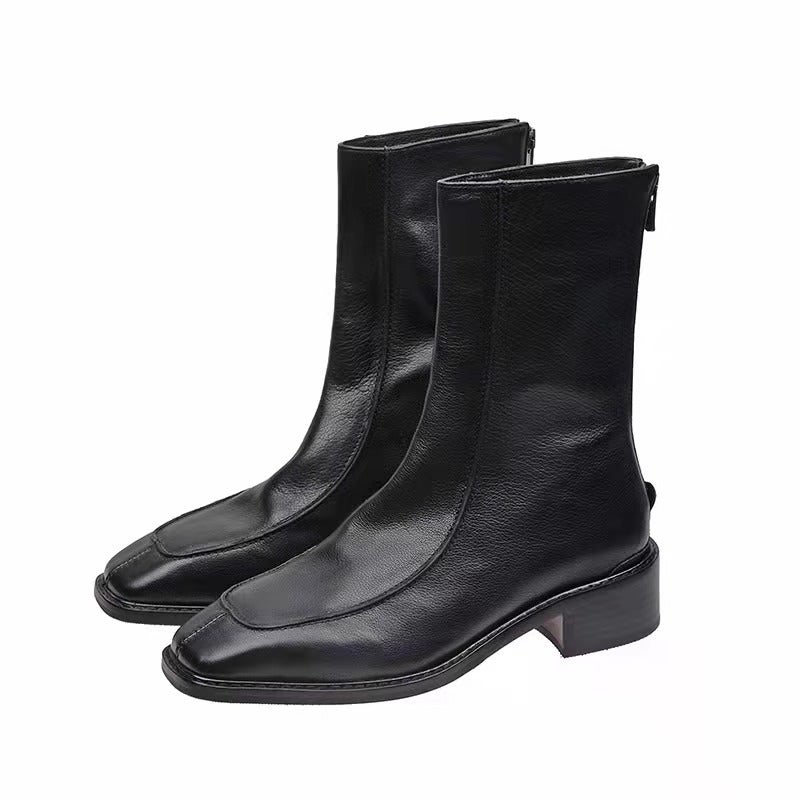 ! Huizhou Martin Boots Women'S Mid-Heel Chunky Heel Square Toe Back Zipper Short Boots Retro Mid-Calf Boots Thin Boots - Image 4