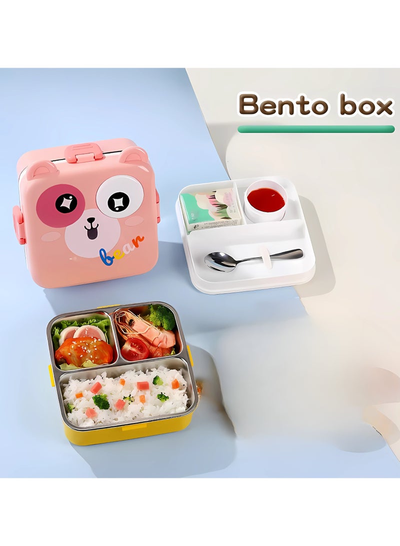 Twisoo Kids Lunch Box Stainless Steel Insulated – Double Decker Leakproof Bento Box with Spoon, Soup Bowl, Dishwasher Safe, Durable, Perfect for School or Travel 1120ml (Bear Pink) - Image 2
