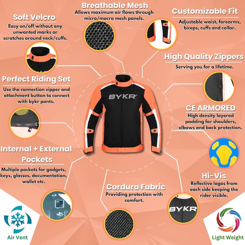 BYKR Mesh Motorcycle Jacket for Men - Breathable Riding Protective Jacket, CE Armored, Orange, 4XL - Image 4