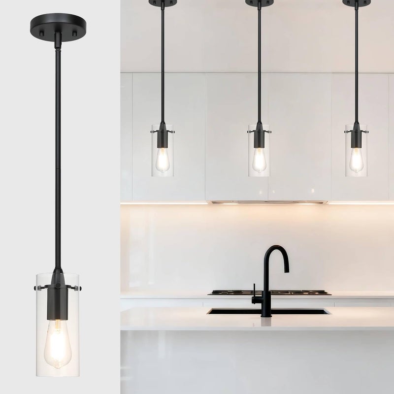 XiNBEi Lighting Black Pendant Lights with Glass Shade for Kitchen Island | Glass Hanging Lights, Adjustable Hanging Height, Modern Design, Kitchen Pendant Lighting for Dining Room Bedroom & Hallway - Image 1