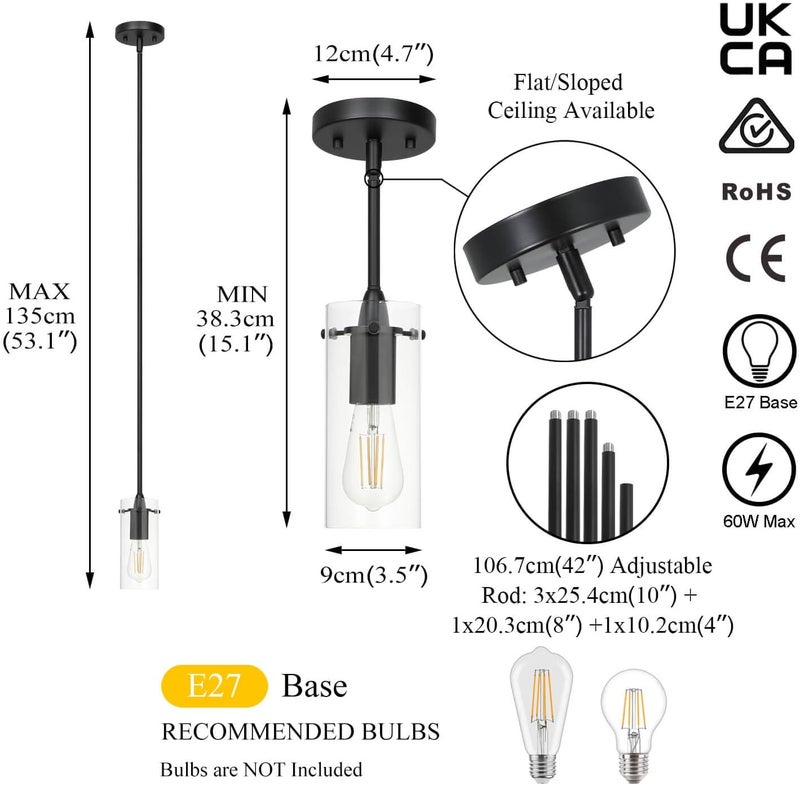 XiNBEi Lighting Black Pendant Lights with Glass Shade for Kitchen Island | Glass Hanging Lights, Adjustable Hanging Height, Modern Design, Kitchen Pendant Lighting for Dining Room Bedroom & Hallway - Image 5