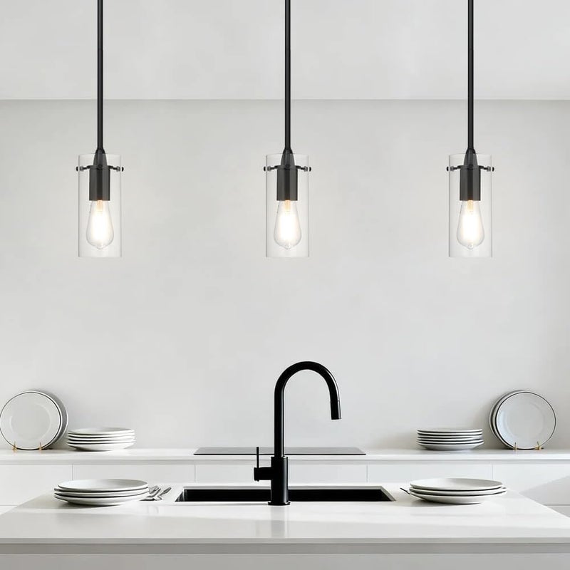 XiNBEi Lighting Black Pendant Lights with Glass Shade for Kitchen Island | Glass Hanging Lights, Adjustable Hanging Height, Modern Design, Kitchen Pendant Lighting for Dining Room Bedroom & Hallway - Image 2