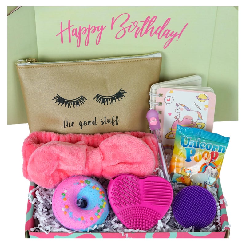 Generic Birthday Gift Box for Teen Girls, Spa Gift Set, Gift for Girls, Teen Girl Gift Box- Set of 8 Unique Presents Hair Band, Cosmetic Bag, Makeup Brush Cleaning, Bath Bomb for Girls 9-15 Teens 