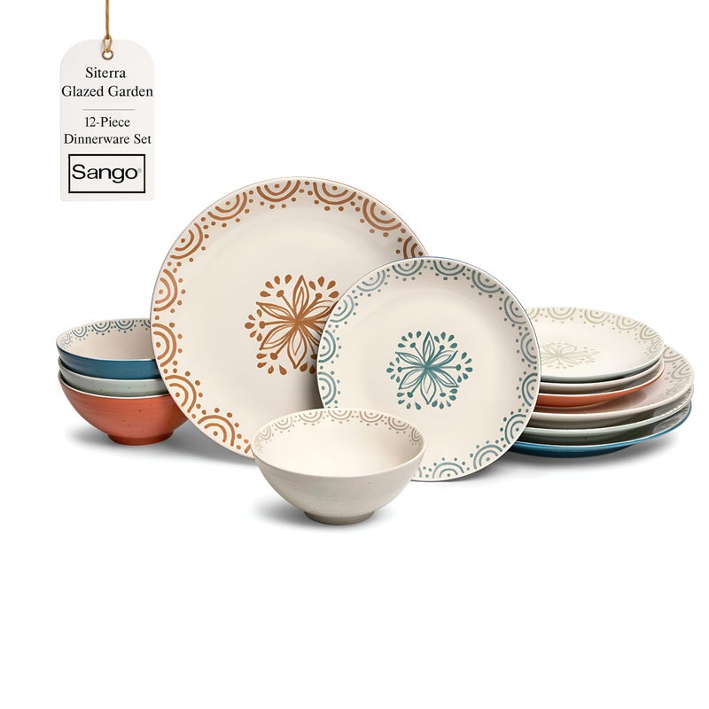 Sango 12-Piece Speckled Stoneware Dinnerware Set for 4- Glossy Plates and Bowls Set with Hand-Painted Floral Pattern, Rustic Ceramic Dish Set, Elegant Dishes for Everyday Dining, Siterra Glazed Garden - Image 1