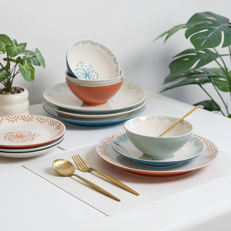 Sango 12-Piece Speckled Stoneware Dinnerware Set for 4- Glossy Plates and Bowls Set with Hand-Painted Floral Pattern, Rustic Ceramic Dish Set, Elegant Dishes for Everyday Dining, Siterra Glazed Garden - Image 4