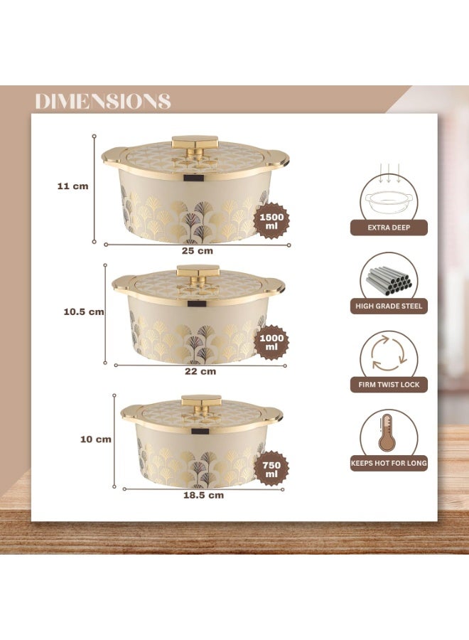 Trueware Floraa Fine Inner Steel Mirror Casserole Set of 3, 750,1000 & 1500 ml  | PU Insulated | BPA Free | Odour Proof | Food Grade | Ideal for Chapatti | Roti | Curd Maker | Thermoware | Hot Pot - Image 4
