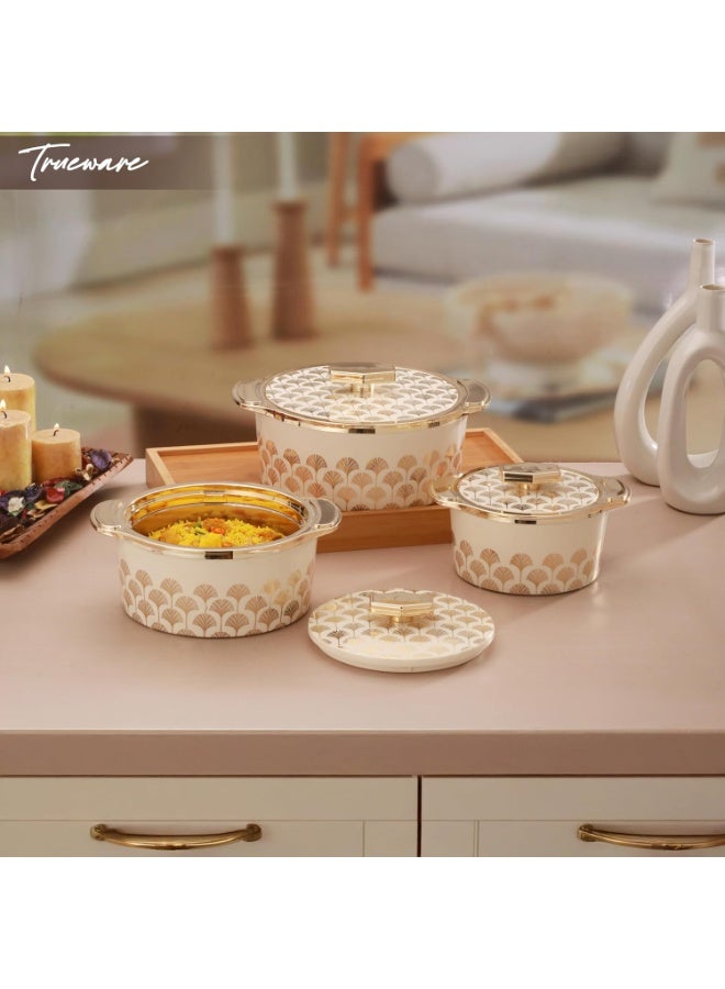 Trueware Floraa Fine Inner Steel Mirror Casserole Set of 3, 750,1000 & 1500 ml  | PU Insulated | BPA Free | Odour Proof | Food Grade | Ideal for Chapatti | Roti | Curd Maker | Thermoware | Hot Pot - Image 3