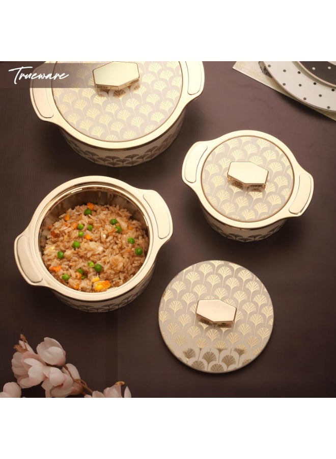 Trueware Floraa Fine Inner Steel Mirror Casserole Set of 3, 750,1000 & 1500 ml  | PU Insulated | BPA Free | Odour Proof | Food Grade | Ideal for Chapatti | Roti | Curd Maker | Thermoware | Hot Pot - Image 2