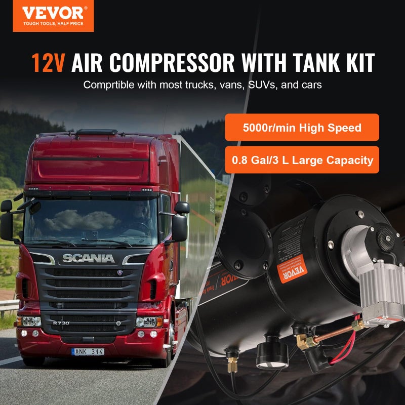VEVOR 12V Air Compressor with Tank 0.8 Gallon/3 L, Train Horn Air Compressor, 120 psi Working Pressure Onboard Air Compressor System for Train Air Horns, Inflating Tires, Air Mattresses - Image 2