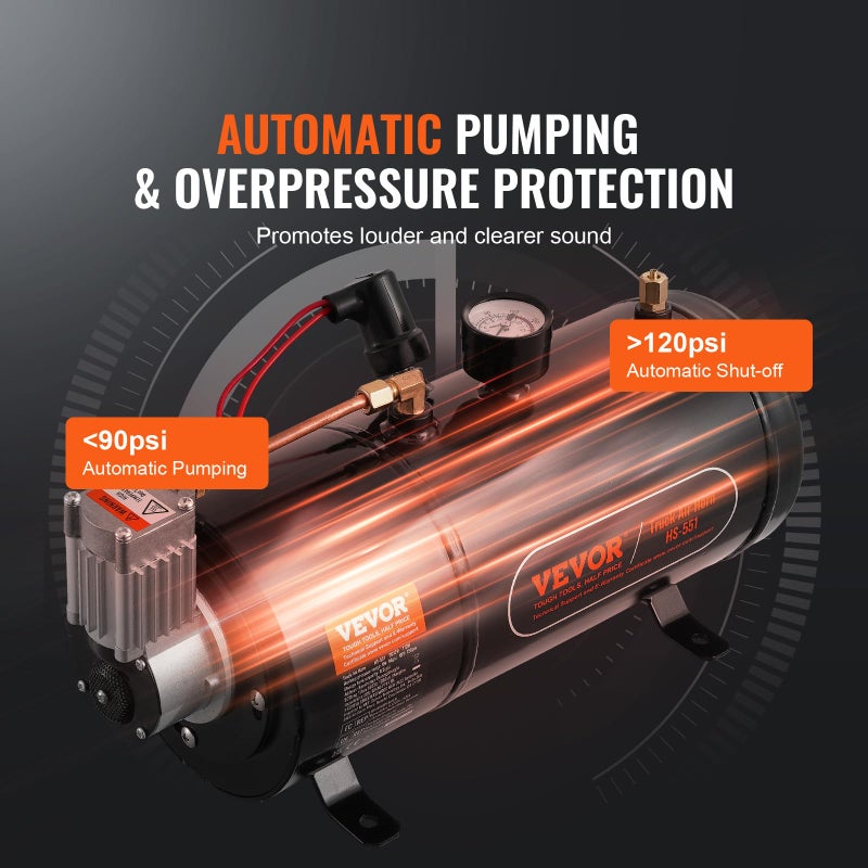 VEVOR 12V Air Compressor with Tank 0.8 Gallon/3 L, Train Horn Air Compressor, 120 psi Working Pressure Onboard Air Compressor System for Train Air Horns, Inflating Tires, Air Mattresses - Image 3