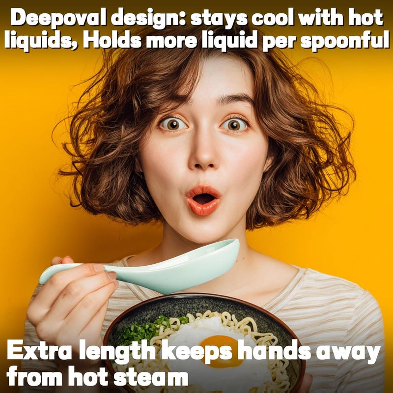 Wareland Asian Soup Spoons Set of 6, Ceramic Chinese Soup Spoons 7 Inch Japanese Spoon for Ramen Pho Dumpling Miso Wonton Noodles | Long Handle Flat Bottom Deep Oval Hook Design | Baby Blue - Image 3