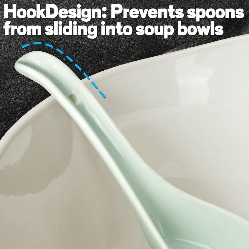 Wareland Asian Soup Spoons Set of 6, Ceramic Chinese Soup Spoons 7 Inch Japanese Spoon for Ramen Pho Dumpling Miso Wonton Noodles | Long Handle Flat Bottom Deep Oval Hook Design | Baby Blue - Image 4