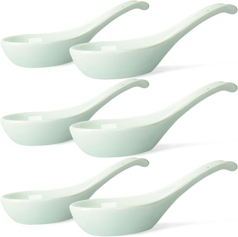 Wareland Asian Soup Spoons Set of 6, Ceramic Chinese Soup Spoons 7 Inch Japanese Spoon for Ramen Pho Dumpling Miso Wonton Noodles | Long Handle Flat Bottom Deep Oval Hook Design | Baby Blue - Image 1