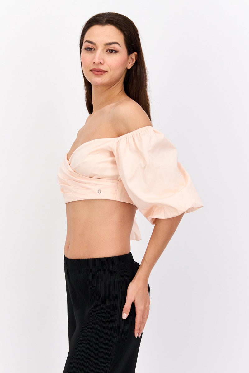 GUESS بلوزة نسائية بياقة قلبية وأكمام منتفخة، وردية - Image 2