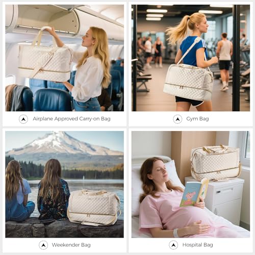Gloppie Weekender Bags for Women with Shoe Compartment, 39L Large Travel Duffel Bag, Carry On Overnight Gym Bags with Wet Pocket, Hospital Bag for Women Labor Delivery, 2 Pcs Set, Beige - Image 2