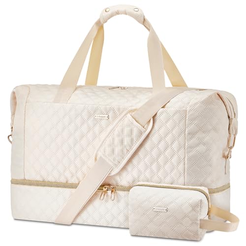 Gloppie Weekender Bags for Women with Shoe Compartment, 39L Large Travel Duffel Bag, Carry On Overnight Gym Bags with Wet Pocket, Hospital Bag for Women Labor Delivery, 2 Pcs Set, Beige - Image 1