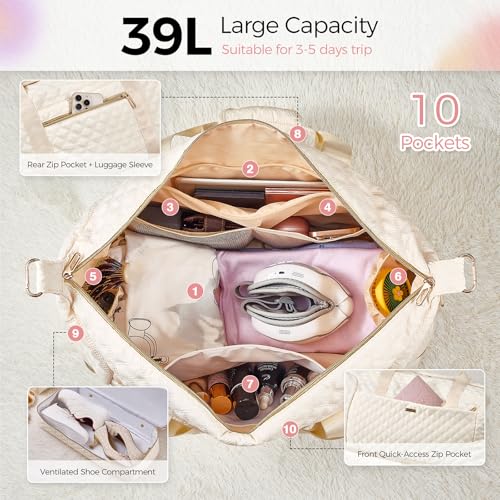 Gloppie Weekender Bags for Women with Shoe Compartment, 39L Large Travel Duffel Bag, Carry On Overnight Gym Bags with Wet Pocket, Hospital Bag for Women Labor Delivery, 2 Pcs Set, Beige - Image 4