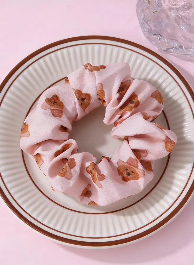 Take Two Pink Dog Head Print Hair Scrunchie