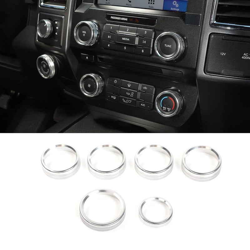Keptrim مفتاح مكيف الهواء لسيارة فورد F150 وجرار و4WD وزر التحكم VOL لسيارة فورد F150 XLT 2016 2017 2018 2019، ألومنيوم فضي، 6 قطع (غير مناسب لعام 2021 2022) - Image 1