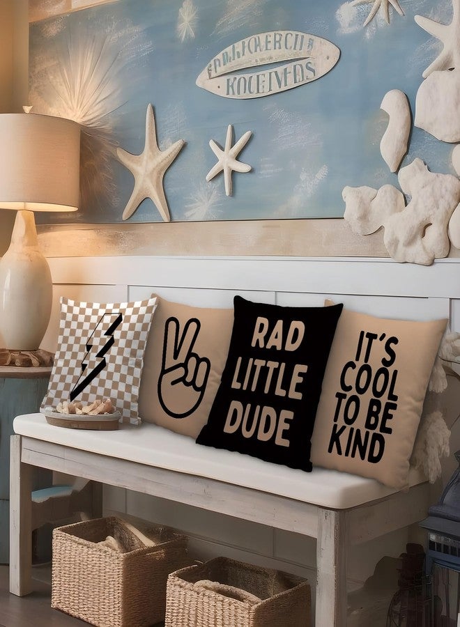 Nvotell Brown Boy Pillow Covers 18x18 - Retro Checkered Set of 4, Nursery Decorative Covers for Couch, Rad Little Dude Sign for Room Playroom - Image 2