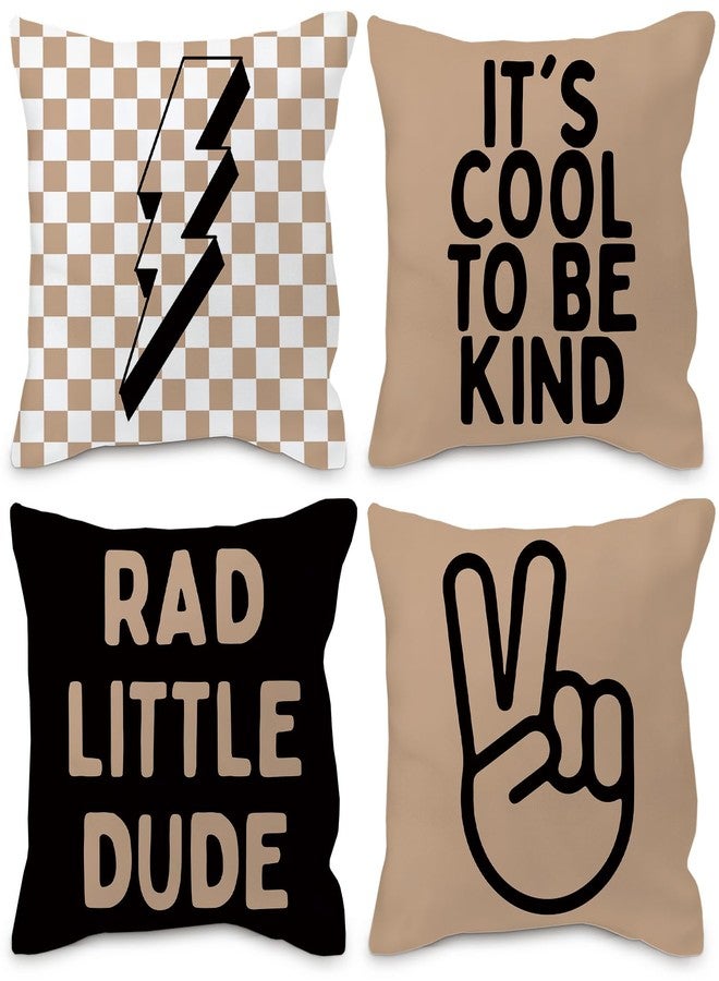Nvotell Brown Boy Pillow Covers 18x18 - Retro Checkered Set of 4, Nursery Decorative Covers for Couch, Rad Little Dude Sign for Room Playroom - Image 1