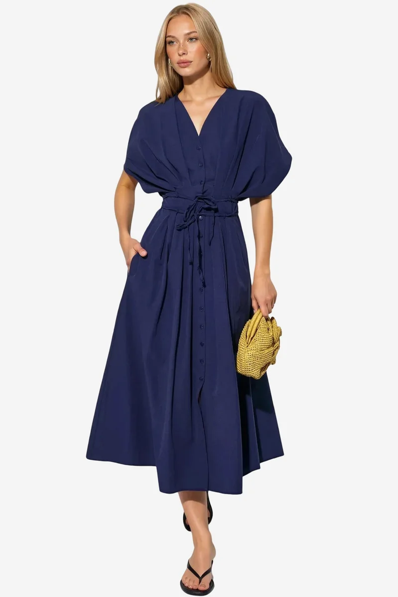 BUSEM Casual V-Neck Midi Shirt Dress