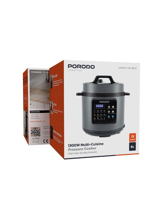 بورودو قدر ضغط متعدد الاستخدامات مصنوع من مواد عالية الجودة، بقوة 1300 واط، شاشة LED، تحكم بلمسة واحدة، سعة 6 لتر، طهي آلي، برامج طهي قابلة للتخصيص - رمادي - Image 3