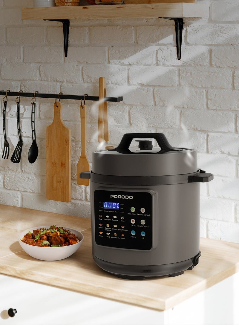 porodo Smart Pot Electric Pressure Cooker, 6L Capacity, 1300W, 12 Cooking Programs, Dishwasher-Safe, Food-Grade Stainless Steel Pot, Built-in Safety Features, Electric Slow Cooker, LED Display, One-Touch Control, Customizable Cooking Programs - Grey - Image 3