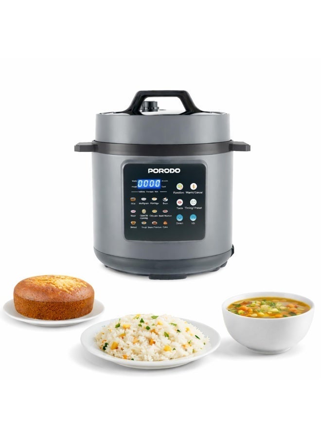 porodo Smart Pot Electric Pressure Cooker, 6L Capacity, 1300W, 12 Cooking Programs, Dishwasher-Safe, Food-Grade Stainless Steel Pot, Built-in Safety Features, Electric Slow Cooker, LED Display, One-Touch Control, Customizable Cooking Programs - Grey - Image 1