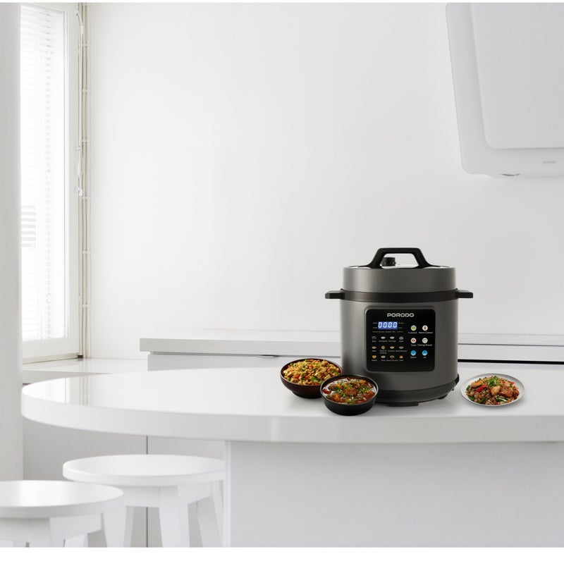 porodo Smart Pot Electric Pressure Cooker, 6L Capacity, 1300W, 12 Cooking Programs, Dishwasher-Safe, Food-Grade Stainless Steel Pot, Built-in Safety Features, Electric Slow Cooker, LED Display, One-Touch Control, Customizable Cooking Programs - Grey - Image 4