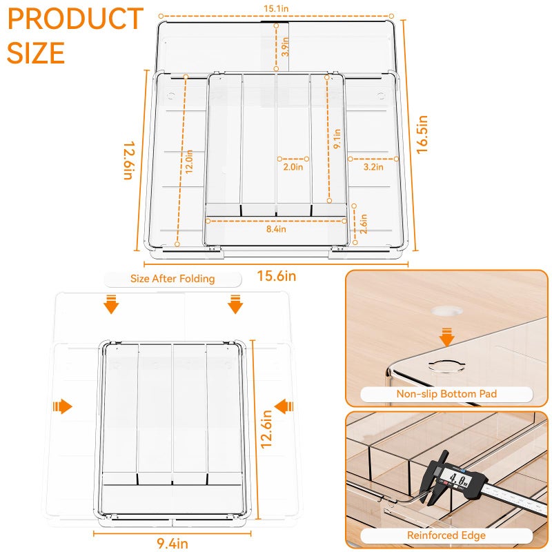 Yieach Acrylic Clear Expandable Kitchen Utensil Drawer Organizer and Silverware Organizer,BPA FREE Adjustable Silverware Tray for Drawer Cutlery,Spatula,Tools,Flatware Organizers,Fork and Spoon Holder - Image 3
