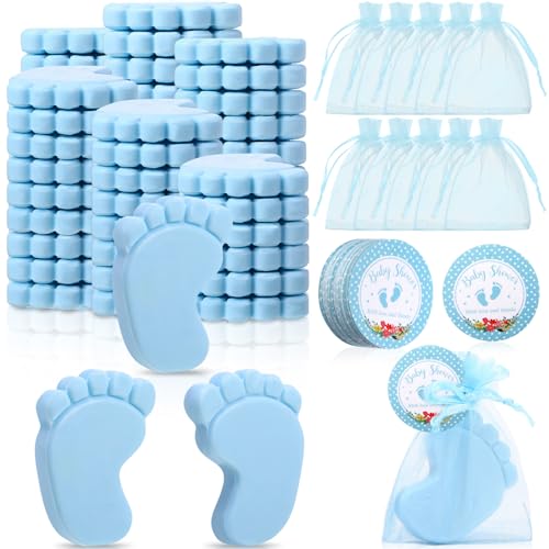 Dimsile 50 Sets Baby Shower Favors Handmade Baby Feet Scented Soap Party Favors for Guests Gifts with Organza Bags and Thanks Tags Wedding Party(Blue) - Image 1