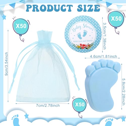 Dimsile 50 Sets Baby Shower Favors Handmade Baby Feet Scented Soap Party Favors for Guests Gifts with Organza Bags and Thanks Tags Wedding Party(Blue) - Image 2