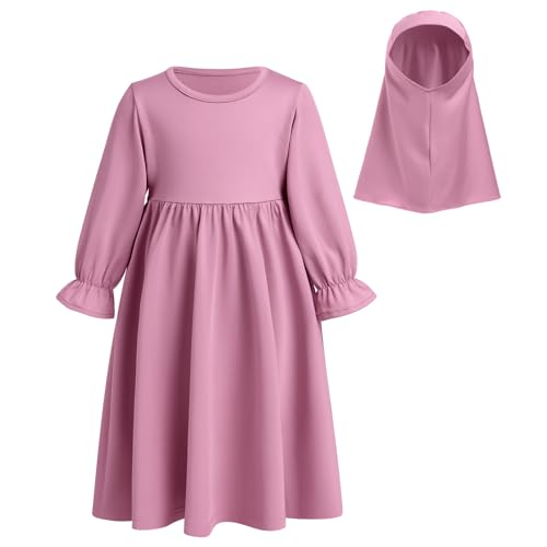 ODASDO Newborn Infant Baby Girls Muslim Abaya Prayer Dress, Toddler Kids Long Sleeve Maxi Islamic Kaftan Dress with Hijab Two Piece Set Middle East Arabian Dubai Robe Ramadan Eid Party Purple Pink 2-3 Years - Image 2