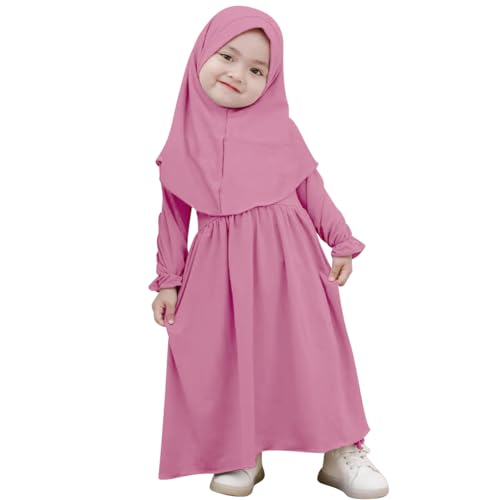 ODASDO Newborn Infant Baby Girls Muslim Abaya Prayer Dress, Toddler Kids Long Sleeve Maxi Islamic Kaftan Dress with Hijab Two Piece Set Middle East Arabian Dubai Robe Ramadan Eid Party Purple Pink 2-3 Years - Image 1
