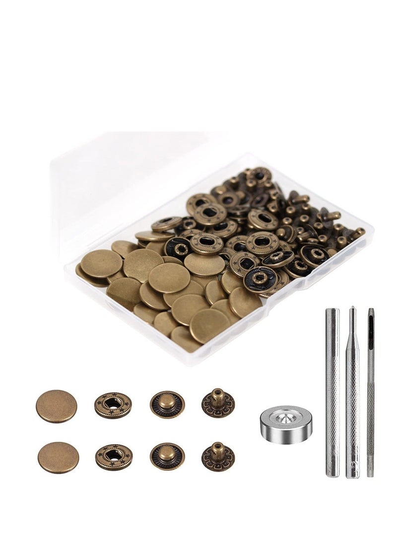 24 Sets Heavy Duty Snap Fasteners,17mm Metal Snap Buttons Press Studs Leather Rivets Snaps with 4 Setter Tools, Suitable for Jeans Fabric Jackets Clothes Bag (Antique Brass)  - Image 1